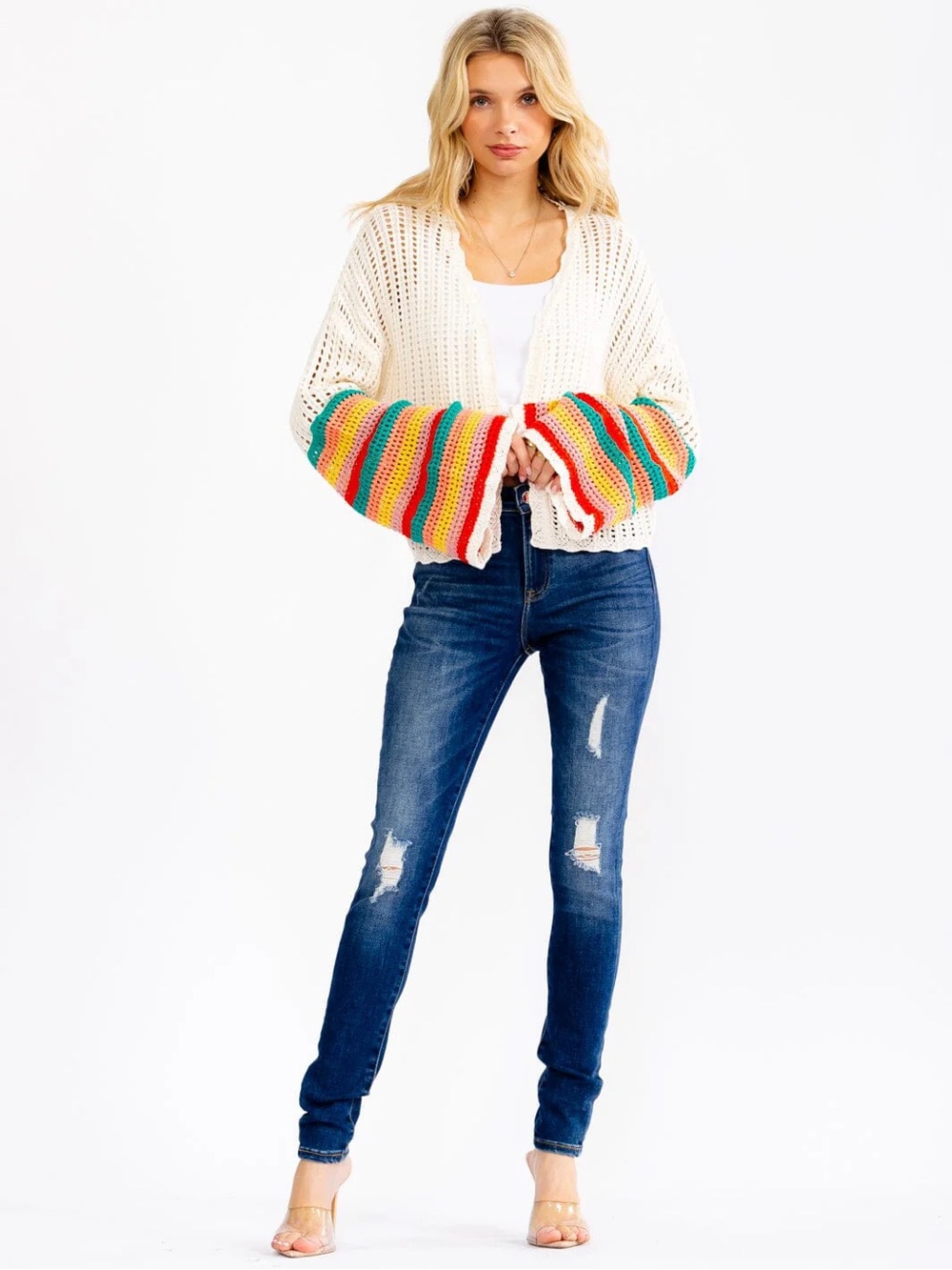 Cream Open-Knit Cardigan with Rainbow Stripe Sleeves